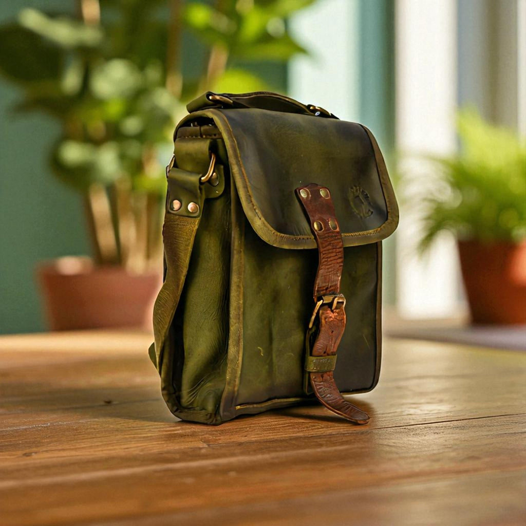 Green leather bag on a wooden table with plants in the background