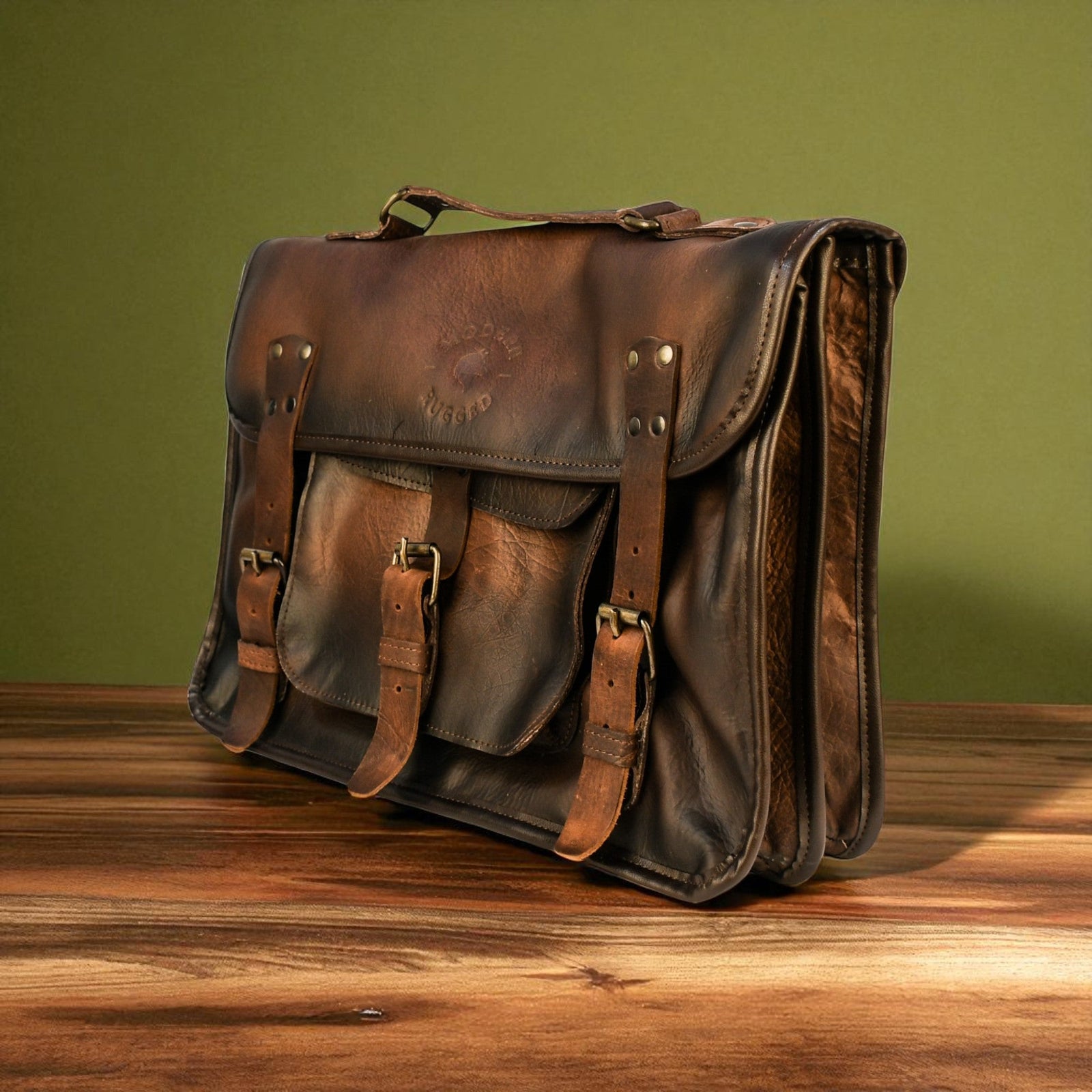 Brown leather satchel bag on a wooden surface with a green background