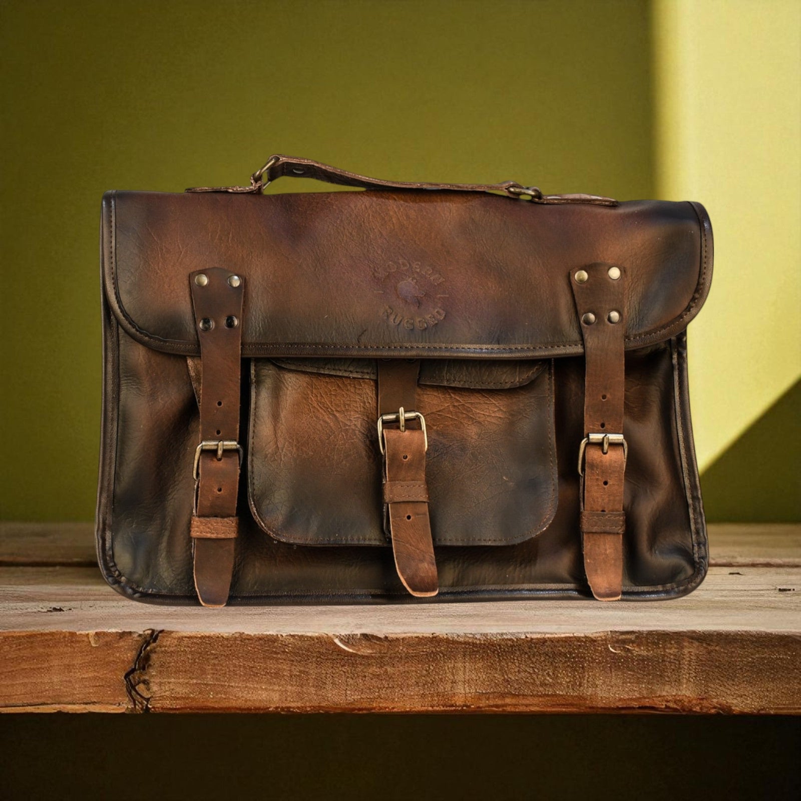 Brown leather satchel bag on a wooden surface with a green background