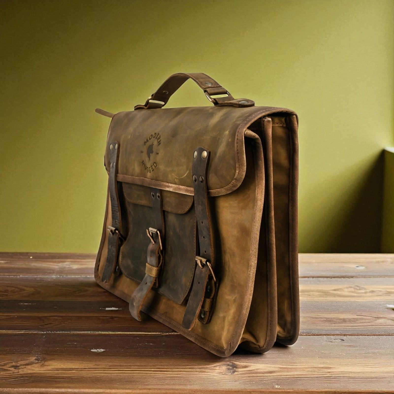 Brown leather satchel bag on a wooden surface with a green wall background