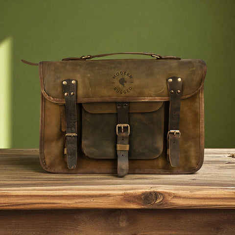 Bovine Leather Twin Strap Laptop Bag - Olive
