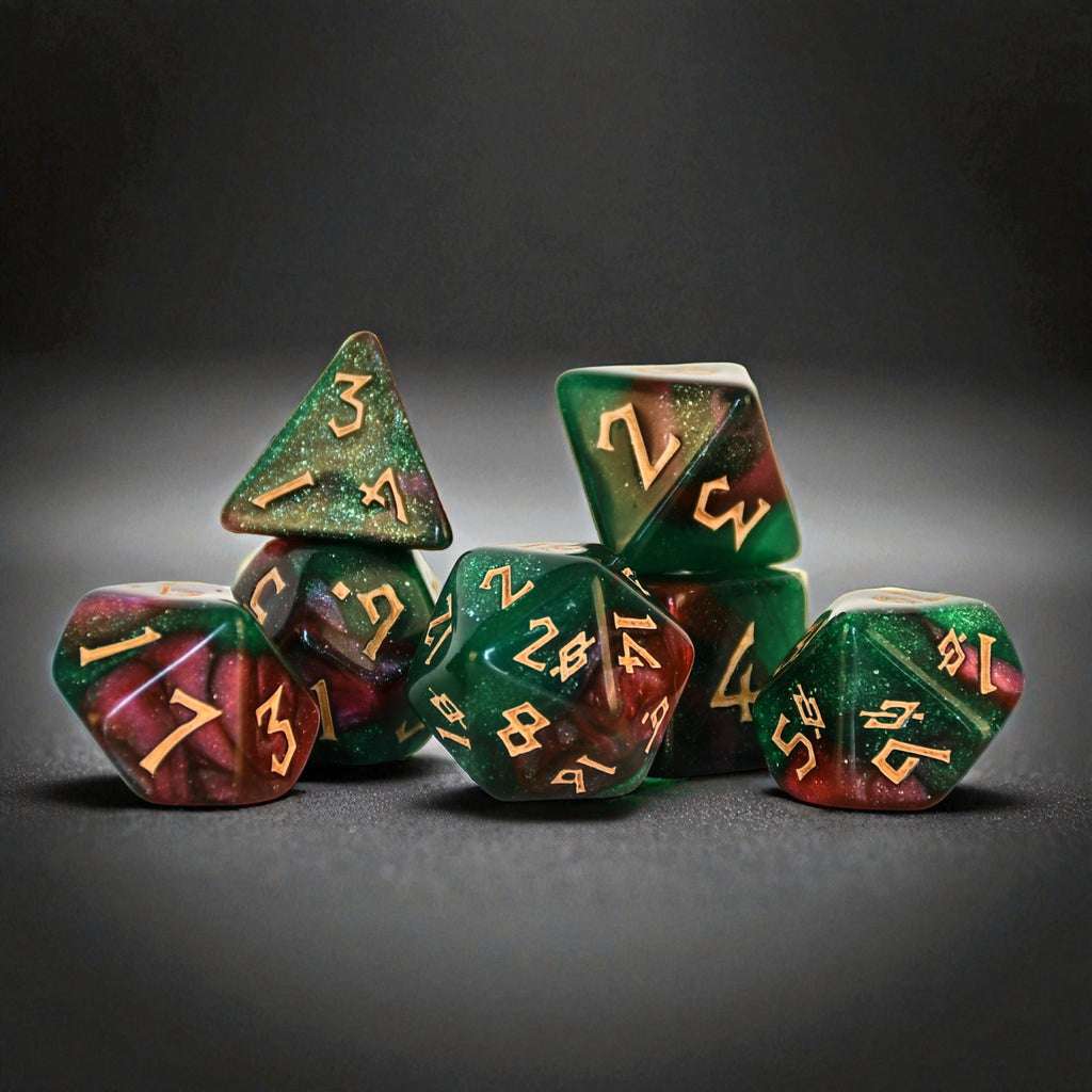 a set of green and red shimmering acrylic dnd dice with gold numbering for tabletop gaming