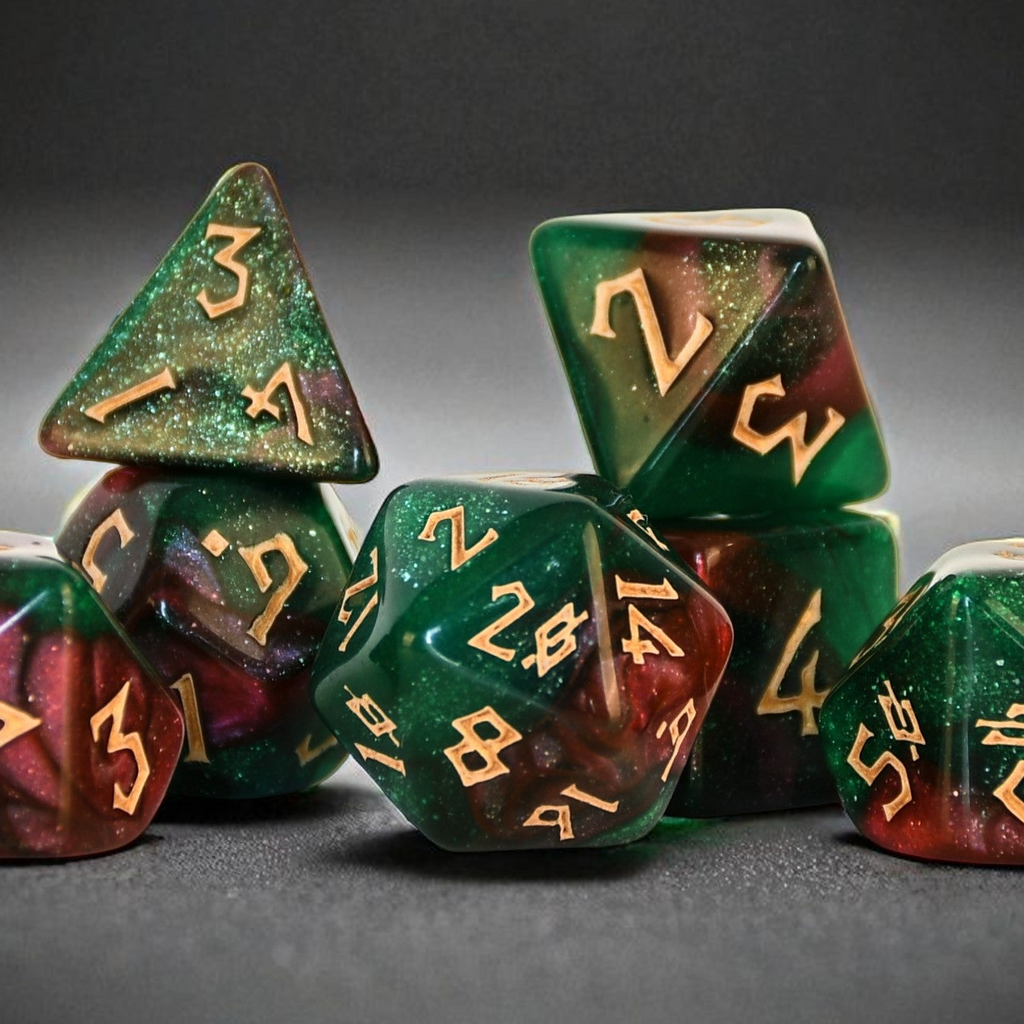Set of green polyhedral dice with gold numbers on a dark gray background