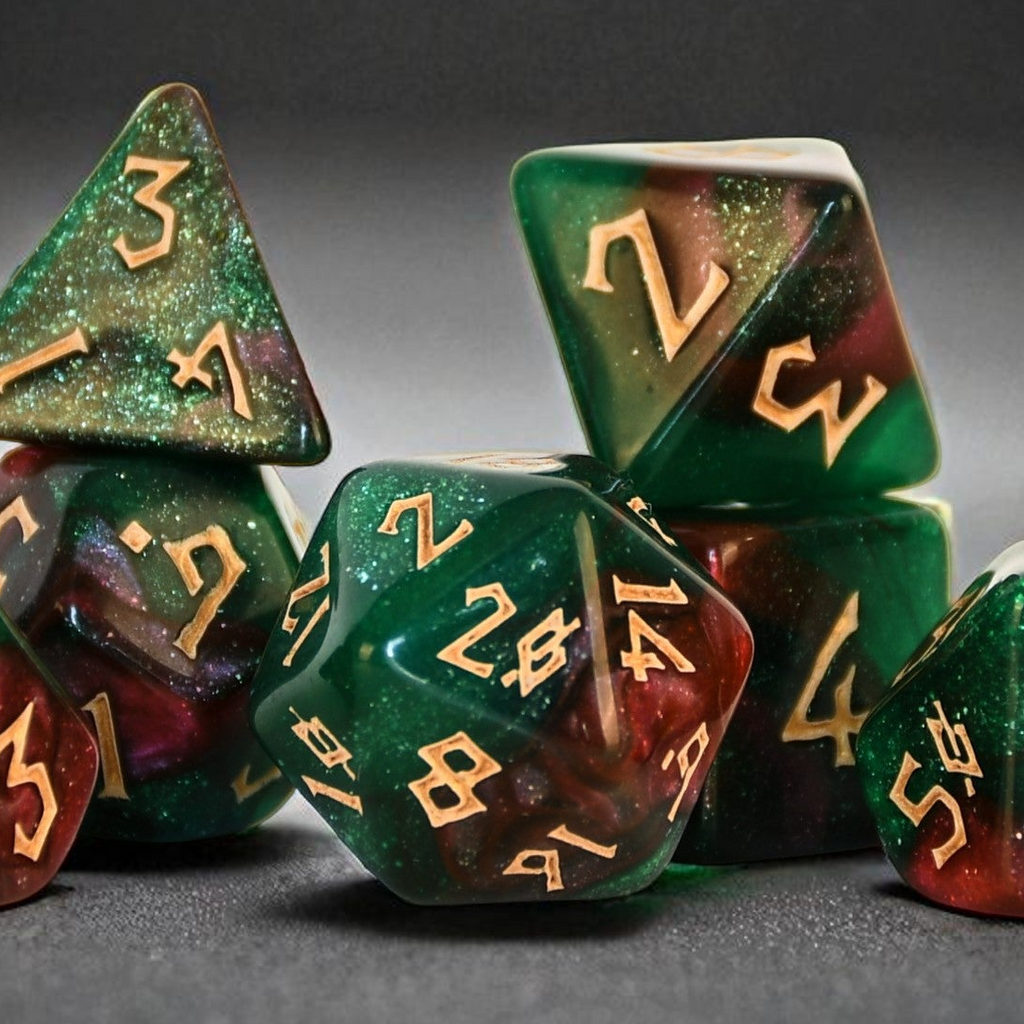 a set of green and red shimmering acrylic dnd dice with gold numbering for tabletop gaming