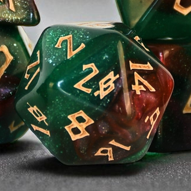 a set of green and red shimmering acrylic dnd dice with gold numbering for tabletop gaming