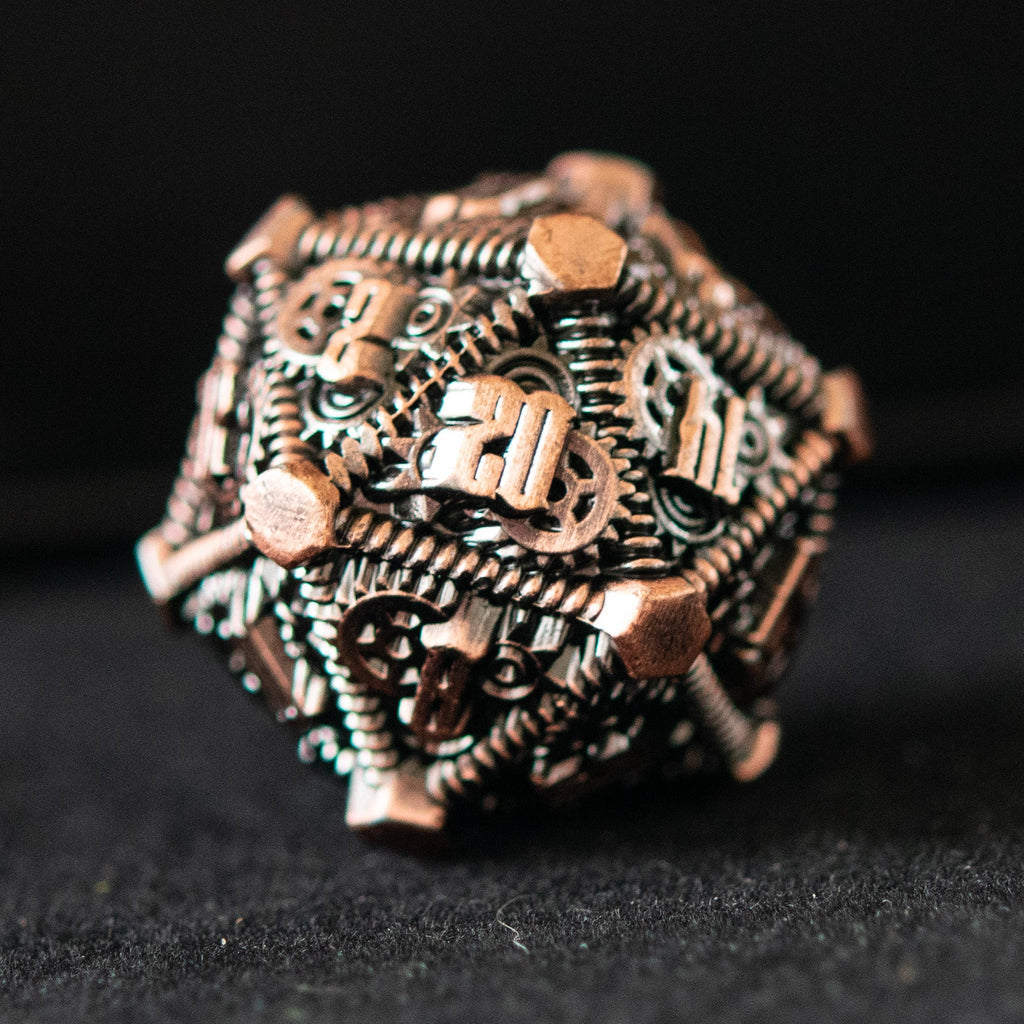 solid metal steampunk inspired dnd polyhedral dicce in bronze with green accents around the gears and numbers