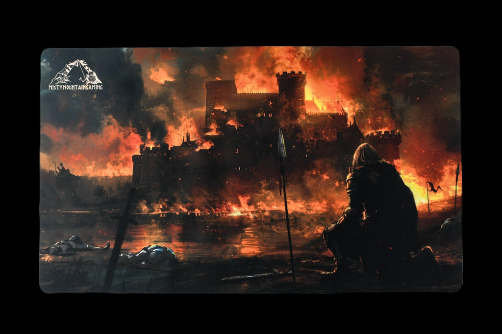 A playmat featuring a fantasy castle under a fiery sky, with a knight sitting beside a sword.