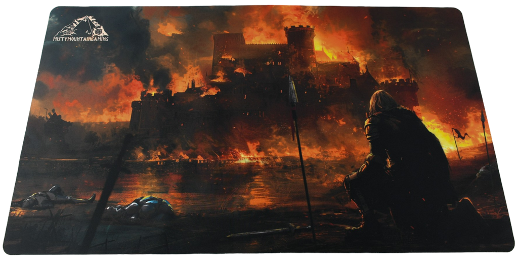 A playmat featuring a fantasy castle under a fiery sky, with a knight sitting beside a sword.