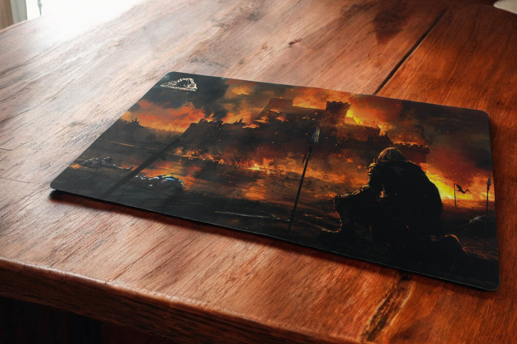 A playmat featuring a fantasy castle under a fiery sky, with a knight sitting beside a sword.