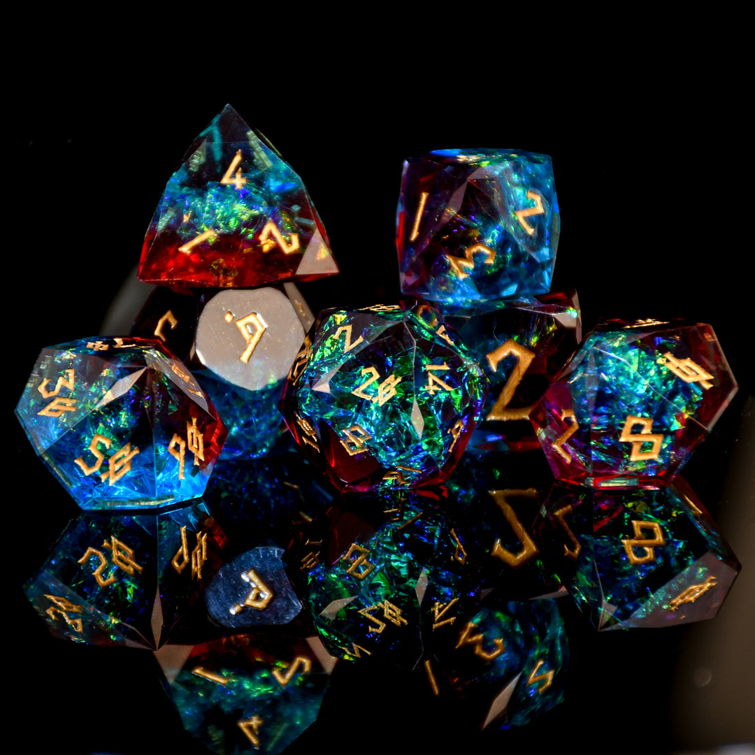 Set of colorful polyhedral dice with glowing numbers on a black background