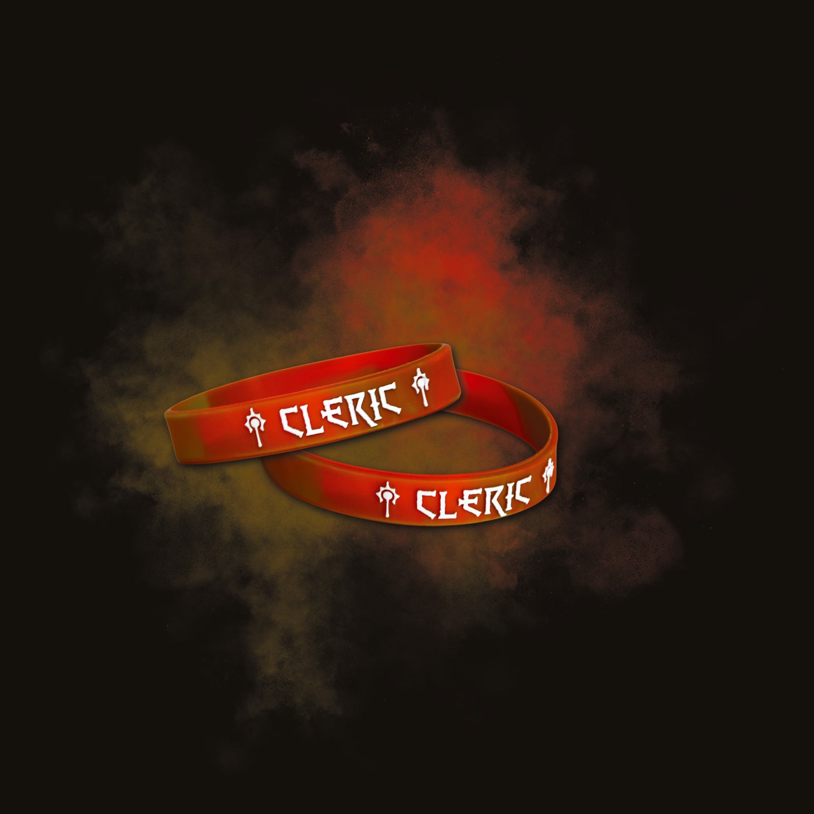 Two red 'Cleric' wristbands on a dark background with red smoke effect.