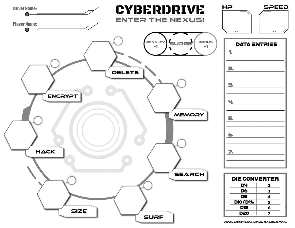 Gameboard or character sheet with cybernetic design and text, featuring hexagonal shapes and control options.