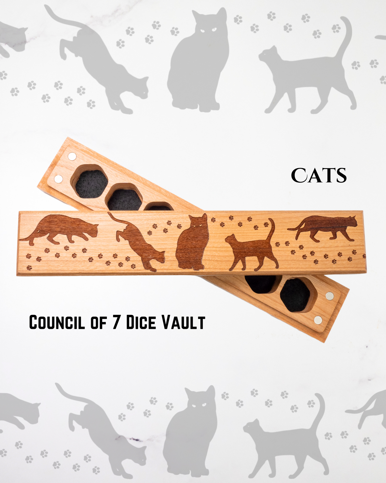 Wooden dice vault with cat designs on a white background with cat silhouettes.