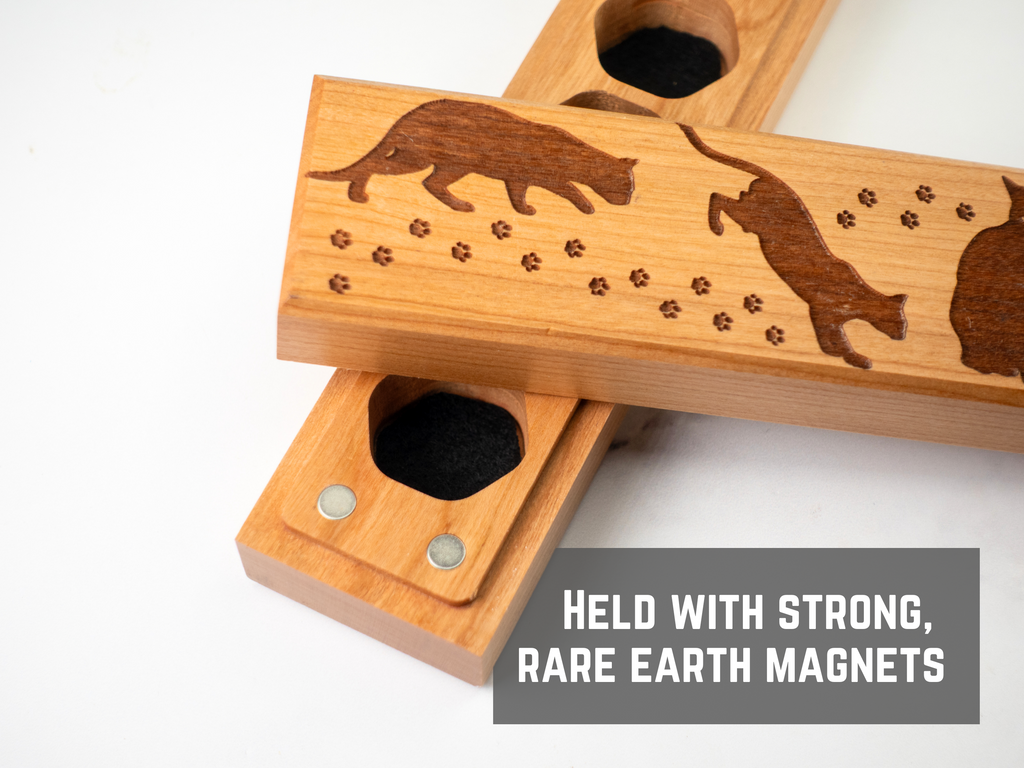 cat engraved wooden dice vault for tabletop gaming dice