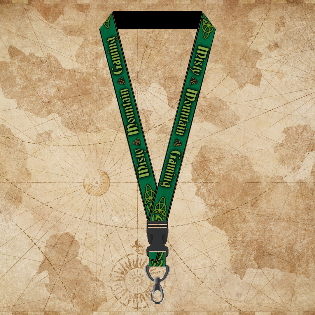 A green lanyard with Celtic patterns, displayed against a map background.