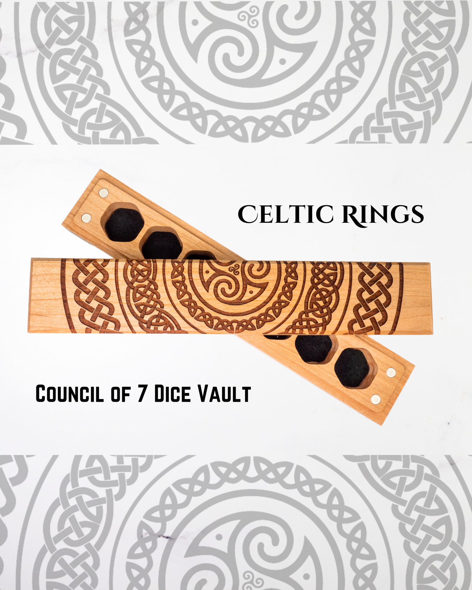 Wooden dice vault with Celtic design on a white background