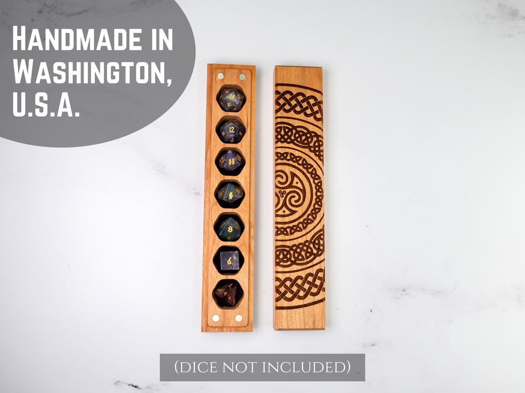 Wooden dice vault stands with laser engraving on a white background, labeled 'Handmade in Washington, U.S.A.'