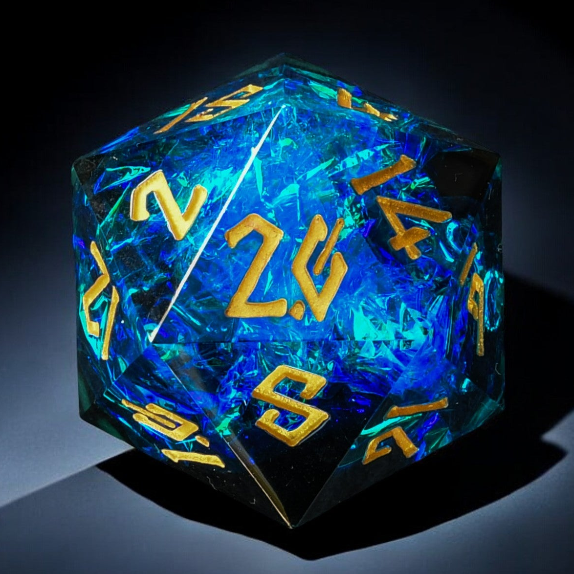 Translucent blue polyhedral dice with gold numbers on a dark background