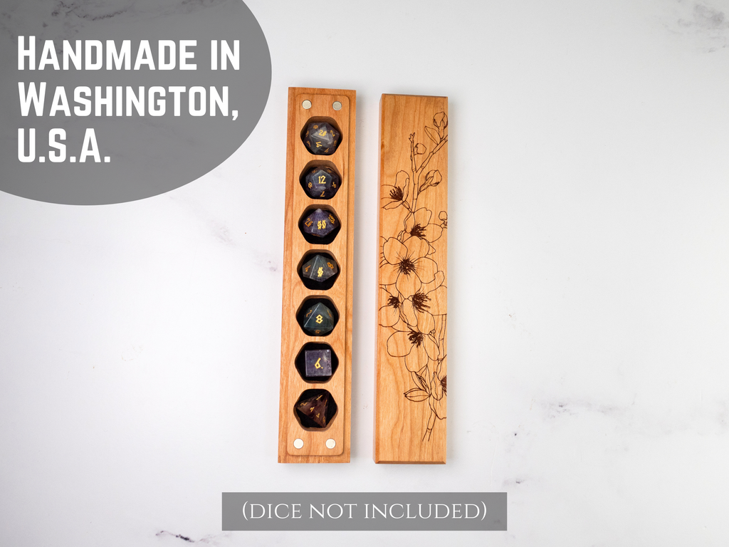 Wooden dice trays with engraved designs on a white background, labeled 'Handmade in Washington, U.S.A.'