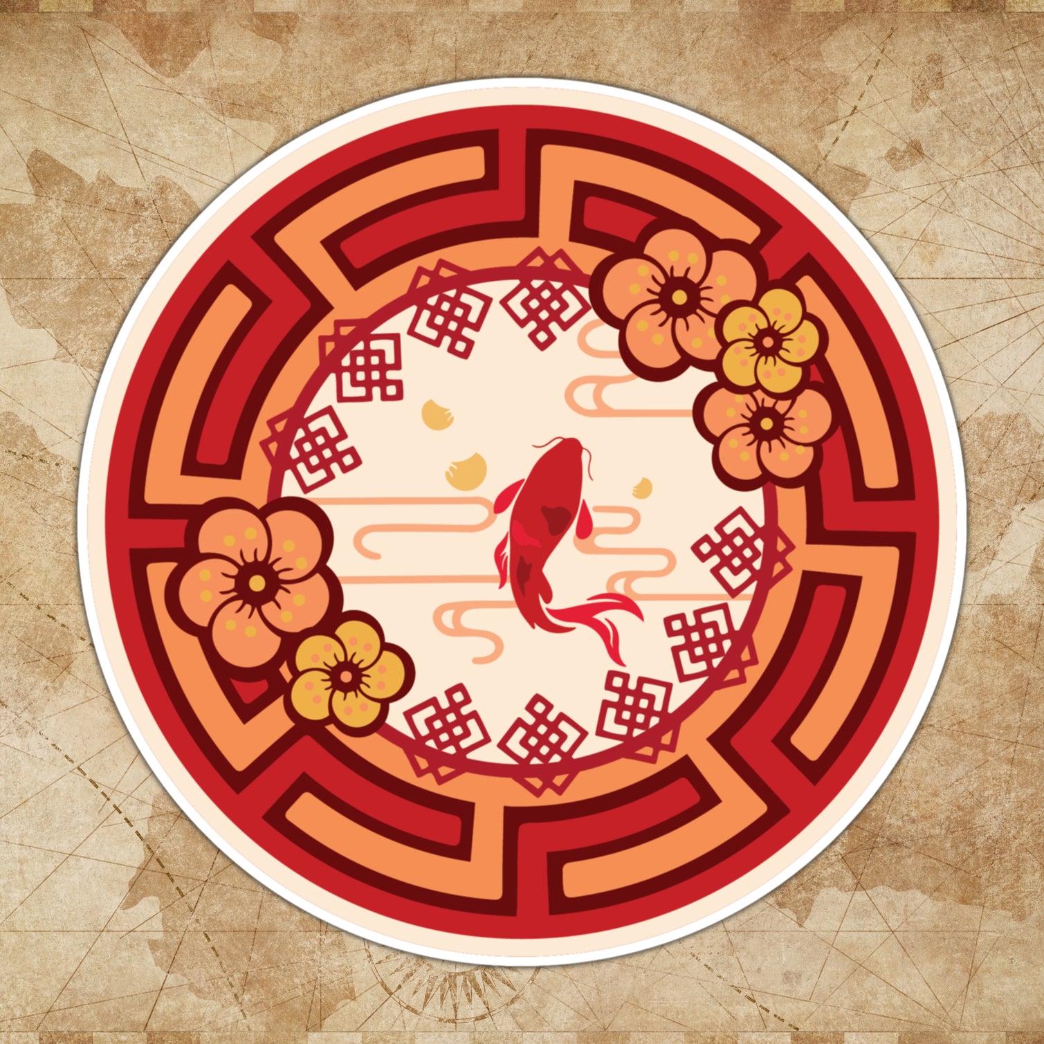 A circular sticker with a traditional Chinese design, including floral patterns and a fish motif, predominantly in red and orange tones.