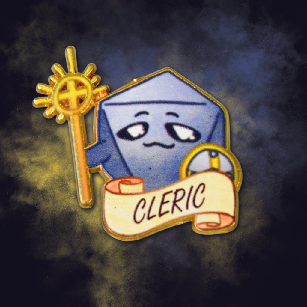 d20 character pin with a blue robe and 'Cleric' banner on a dark background