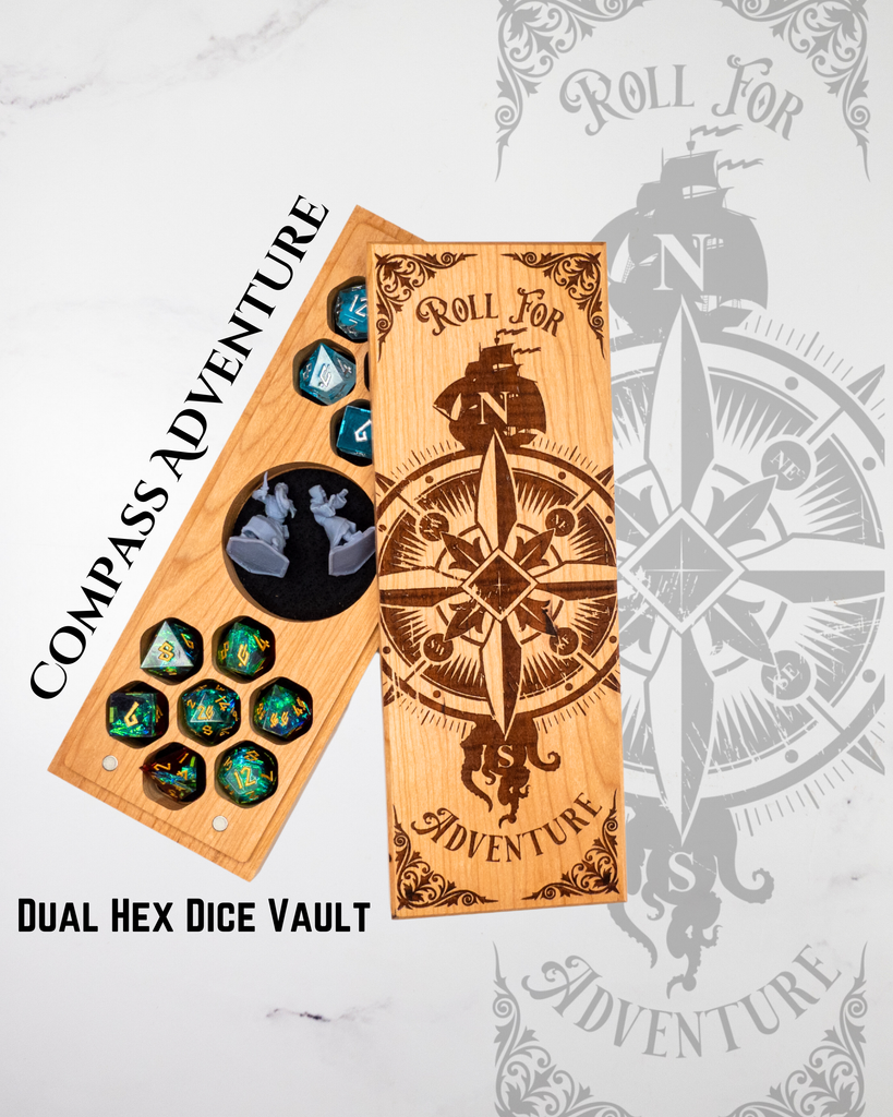 Wooden dice vault with compass design and dice set on a decorative background