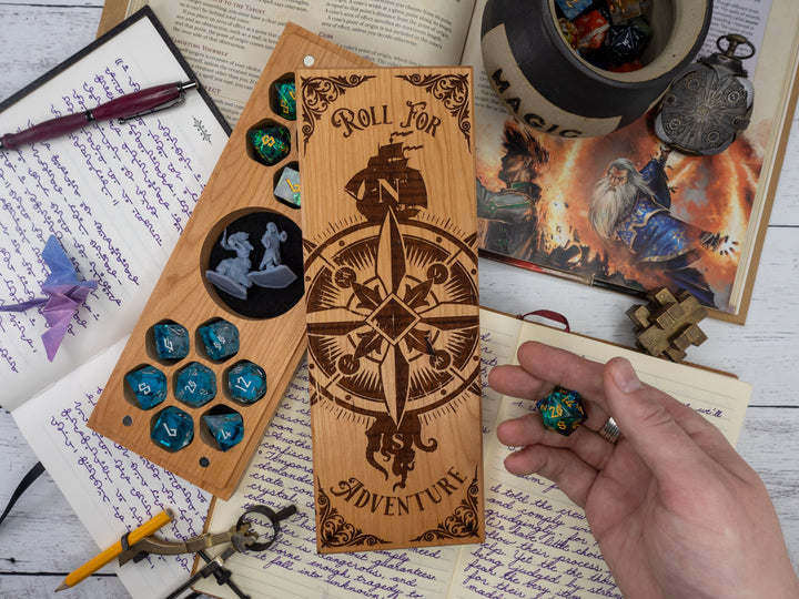 Wooden dice tray with compass design and text &