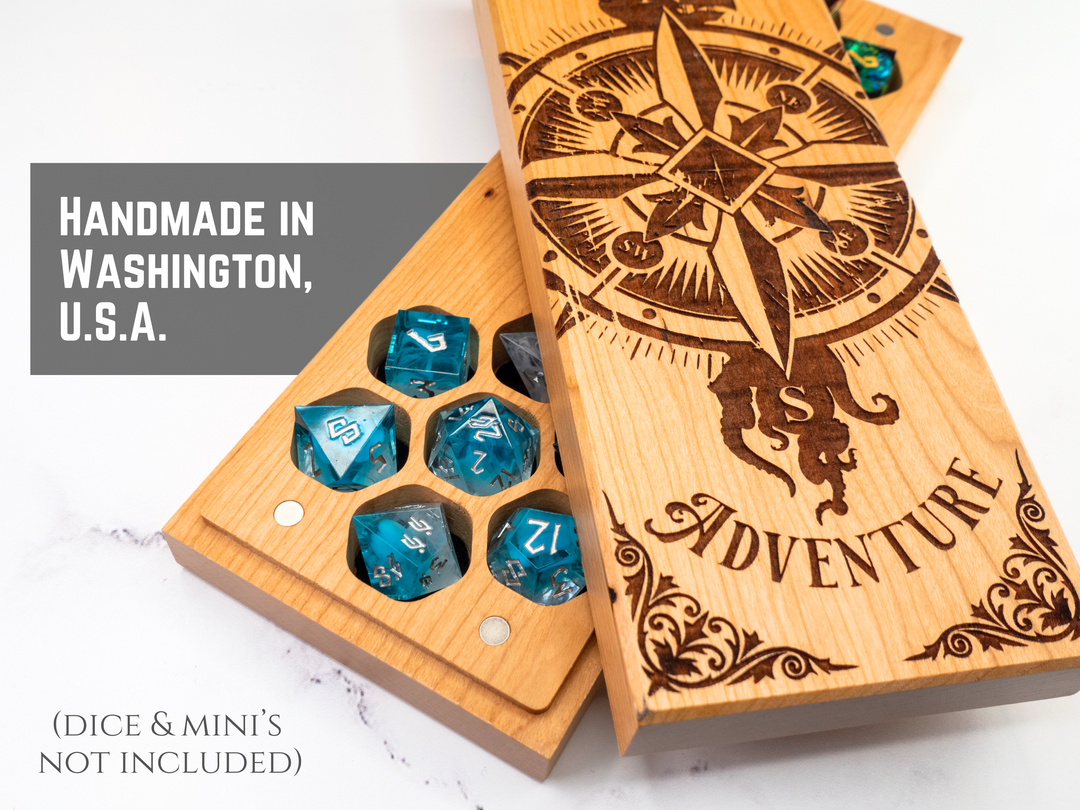 Wooden dice box with engraved compass design and &
