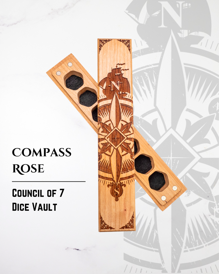 Wooden dice vault with compass rose design on a white background