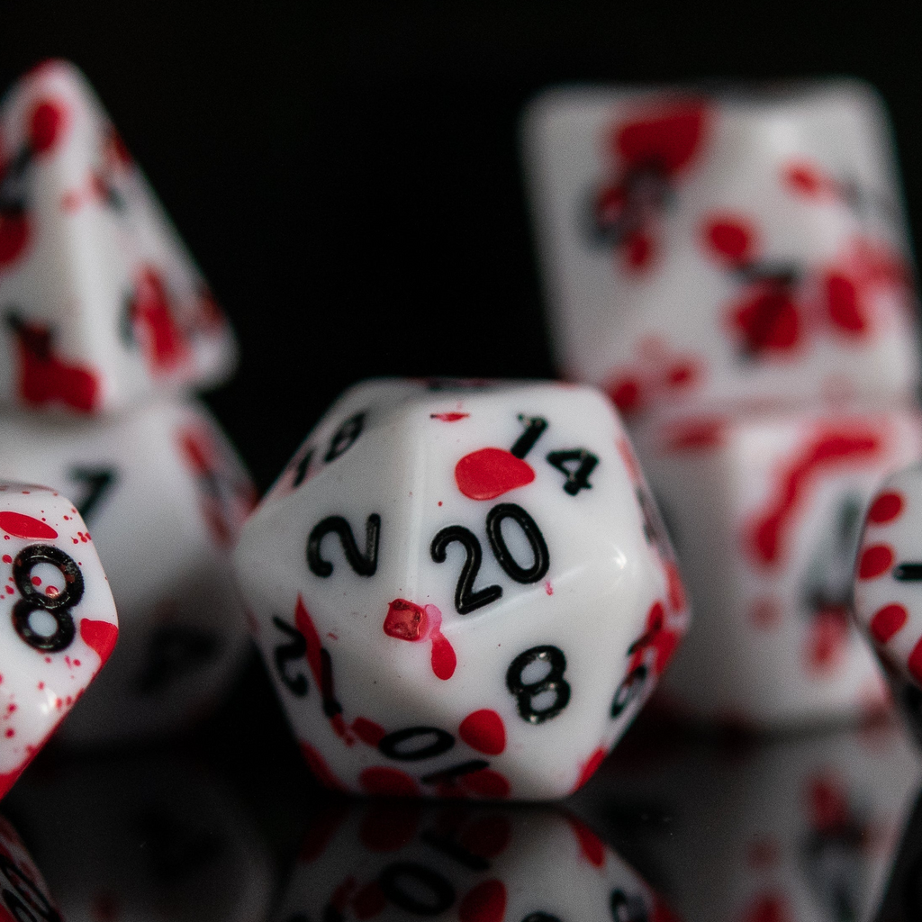 A set of acrylic dice with red numbers and accents on a white background, displayed on a reflective surface.