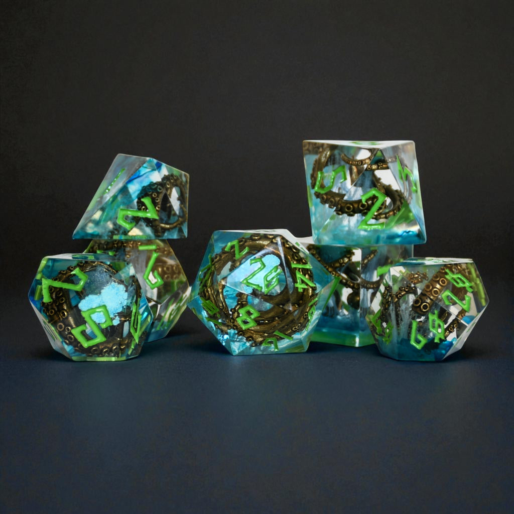 clear resin dice set with blue inside and bronze cthulhu tentacles with green numbering for dnd ttrpg