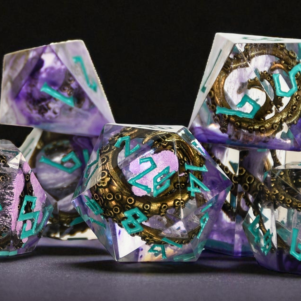 Set of purple dice with teal numbers and bronze cthulhu tentacles inside on a black background