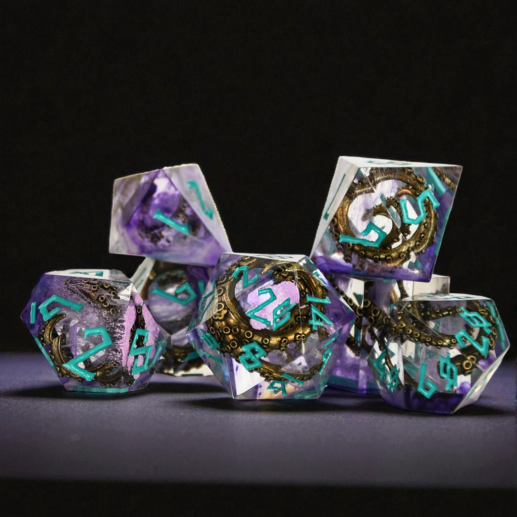 Set of purple dice with teal numbers and bronze cthulhu tentacles inside on a black background