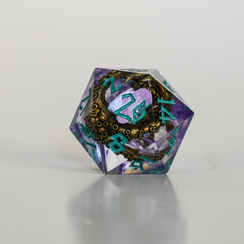 Set of purple dice with teal numbers and bronze cthulhu tentacles inside on a black background