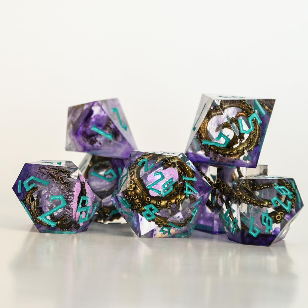Set of purple dice with teal numbers and bronze cthulhu tentacles inside on a black background