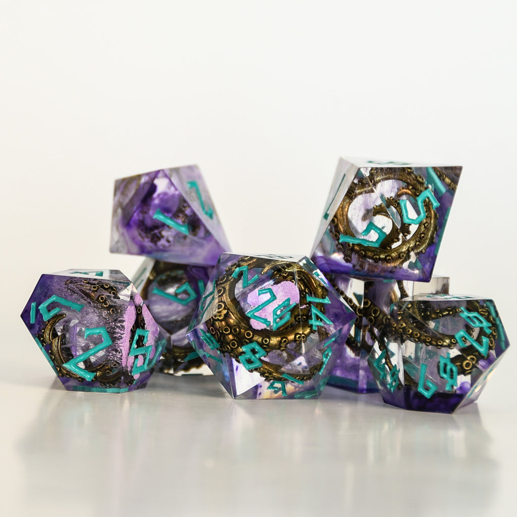 Set of purple dice with teal numbers and bronze cthulhu tentacles inside on a black background