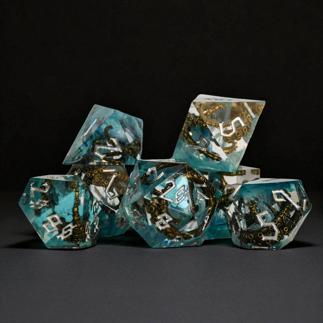 blue sharp edge resin dnd sice with bronze cthulhu tentacles insides and white numbering