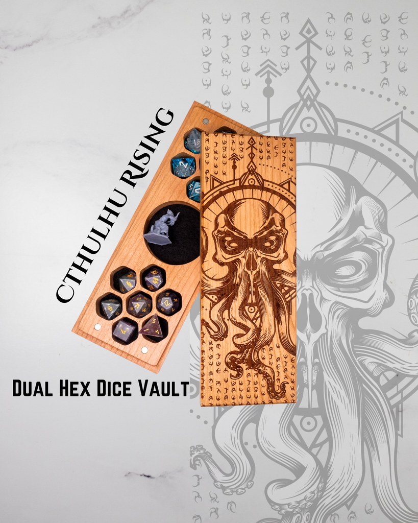 Dual hex dice vault with Cthulhu design on a decorative background