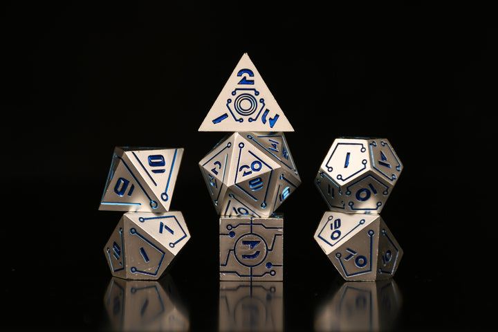 a set of matte silver cyberpunk inspired metal dnd dice with blue numbering and detail on a blurry computer chip inspired background