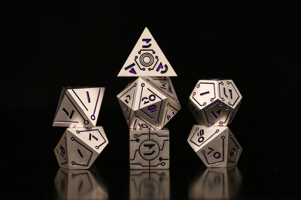 a set of matte silver cyberpunk inspired metal dnd dice with purple numbering and detail on a blurry computer chip inspired background