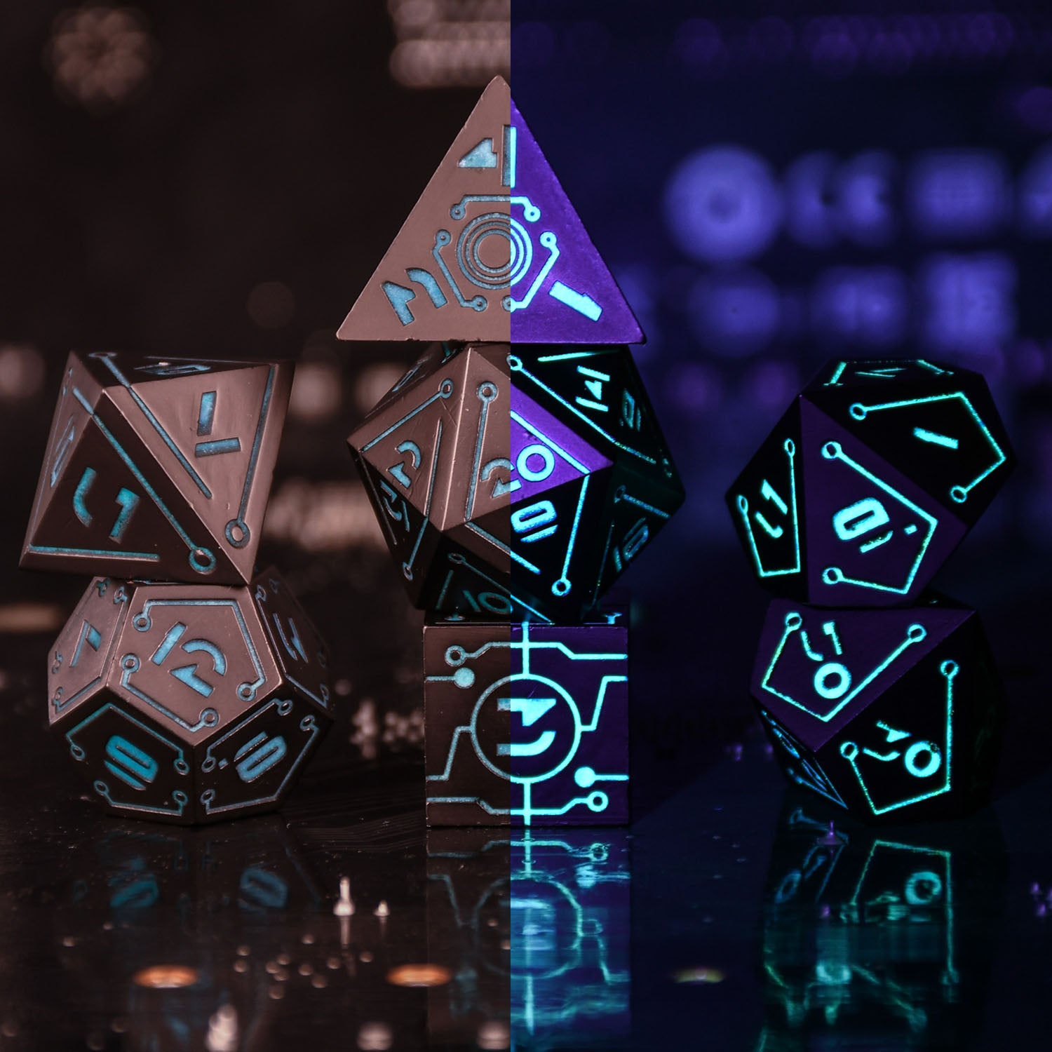 Glowing blue polyhedral metal dice set on a reflective surface with a dark background