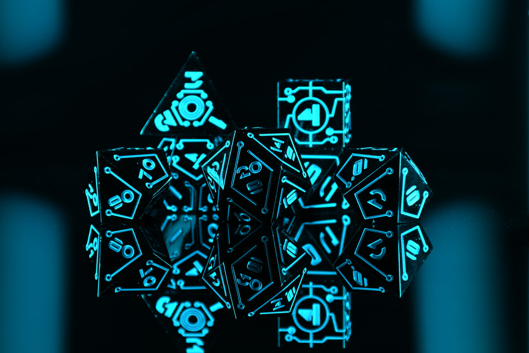 Glowing blue cyberpunk inspired polyhedral metal dice on a dark background