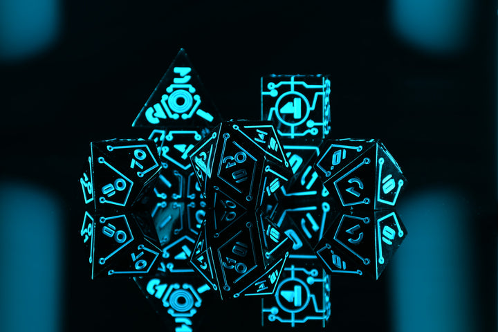 Glowing blue cyberpunk inspired polyhedral metal dice on a dark background
