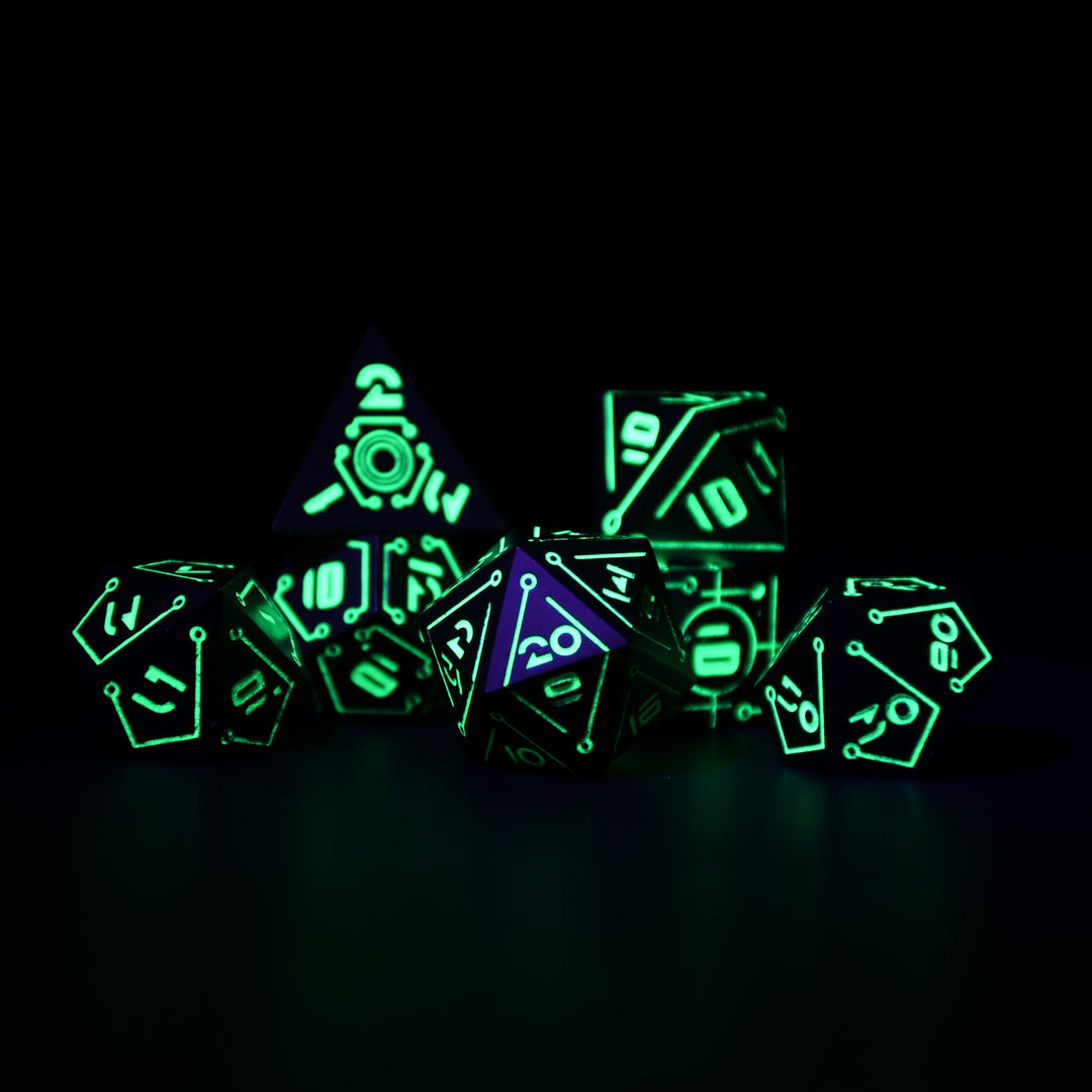 Glowing polyhedral cyberpunk inspired metal dice set on a reflective surface with a dark background