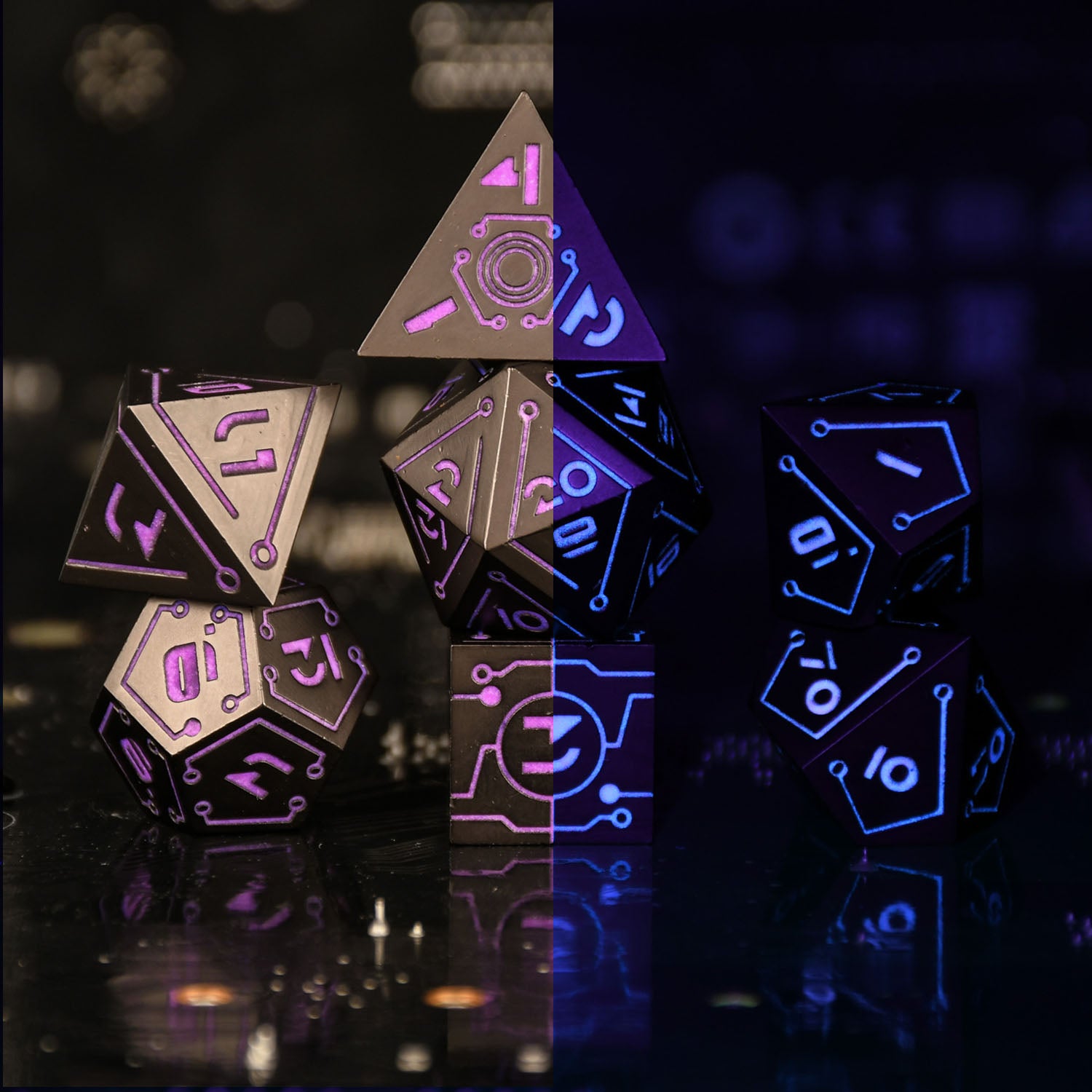 Set of metal polyhedral dnd dice with glowing purple and blue numbers on a reflective surface.