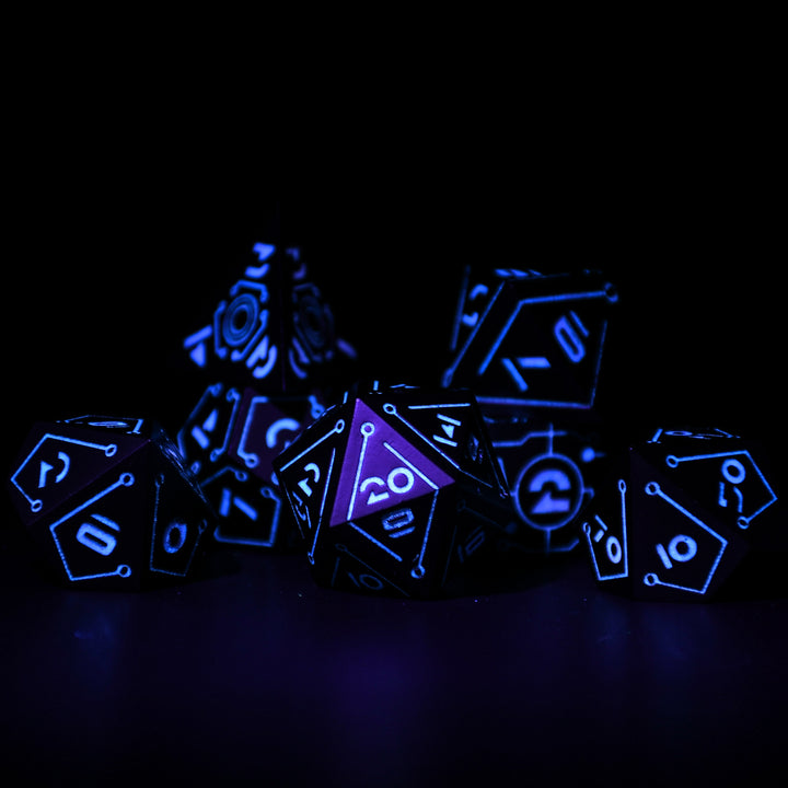 Glowing blue polyhedral dice set on a black background