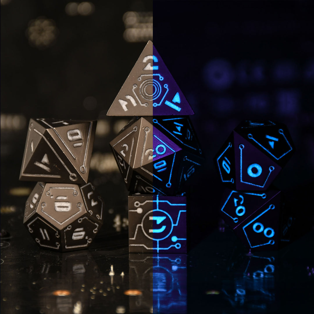Glowing cyberpunk inspired metal dice set on a reflective surface.