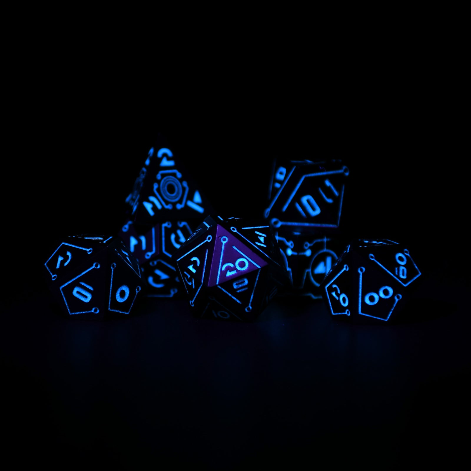 Glowing blue cyberpunk inspired ttrpg dice set on a black background