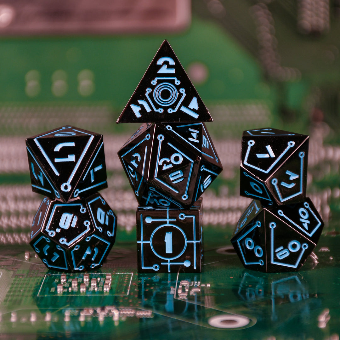 a set of black cyberpunk inspired metal dnd dice with blue numbering and detail on a blurry computer chip inspired background
