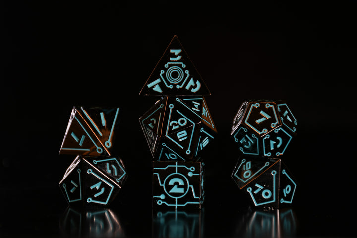a set of black cyberpunk inspired metal dnd dice with blue numbering and detail